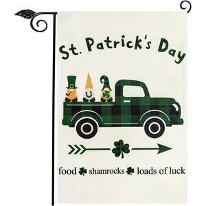 St Patricks Day Garden Flag Gnome Pick Up Truck Clover Double Sided 12.5" x 18"